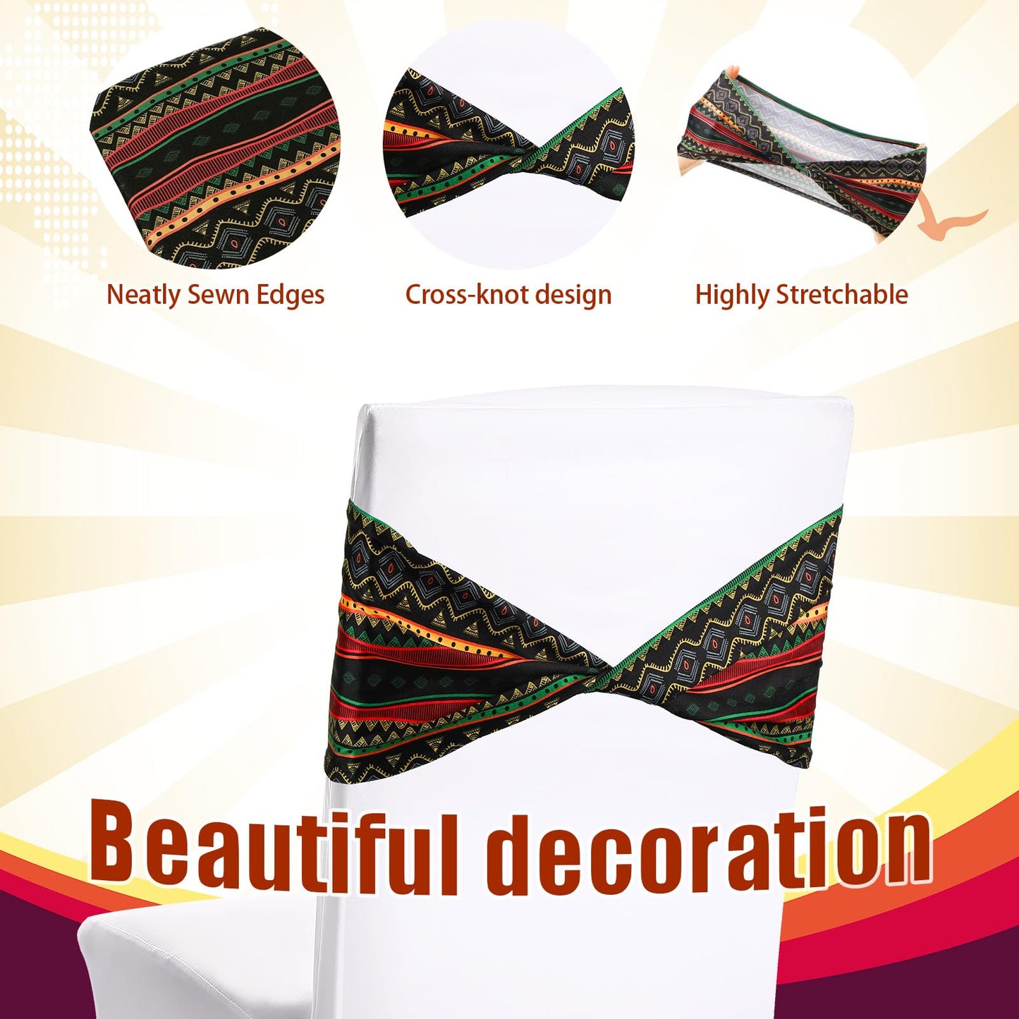 Newwiee Spandex Chair Bands Animal Print Elastic Sashes Bow Polyester Chair Cover Bands Ties Without Buckle for Animal Jungle Theme Party Birthday Decor (African Kente,24 Pcs)