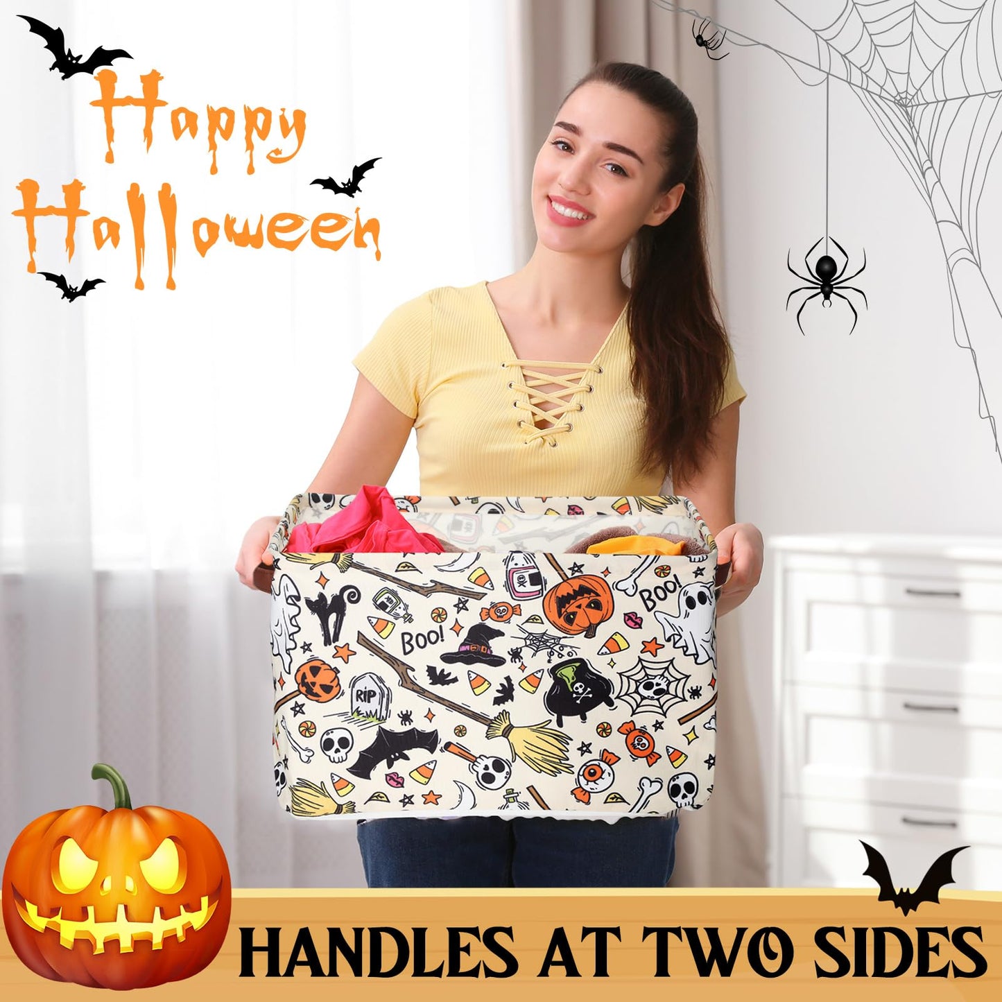 Seeloowy Halloween Ghost Basket with Handles Boo Pumpkin Bat Horror Storage Bin White Spooky Large Foldable Toy Laundry Storage for Halloween Room Car Decoration Bucket Laundry Box