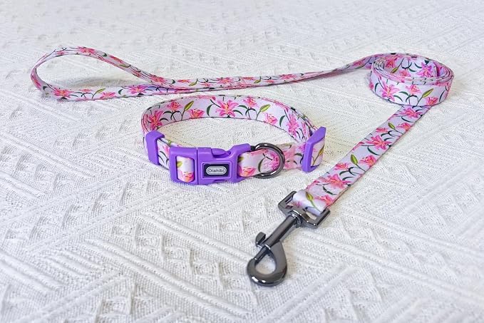 Dog Collar Leash Set, Floral Pattern, Polyester Material, Adjustable Collar and 5ft Matchcing Leash, for Puppy Dogs.(XS, Purple Lily)