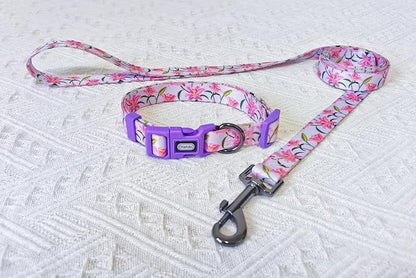 Dog Collar Leash Set, Floral Pattern, Polyester Material, Adjustable Collar and 5ft Matchcing Leash, for Puppy Dogs.(XS, Purple Lily)