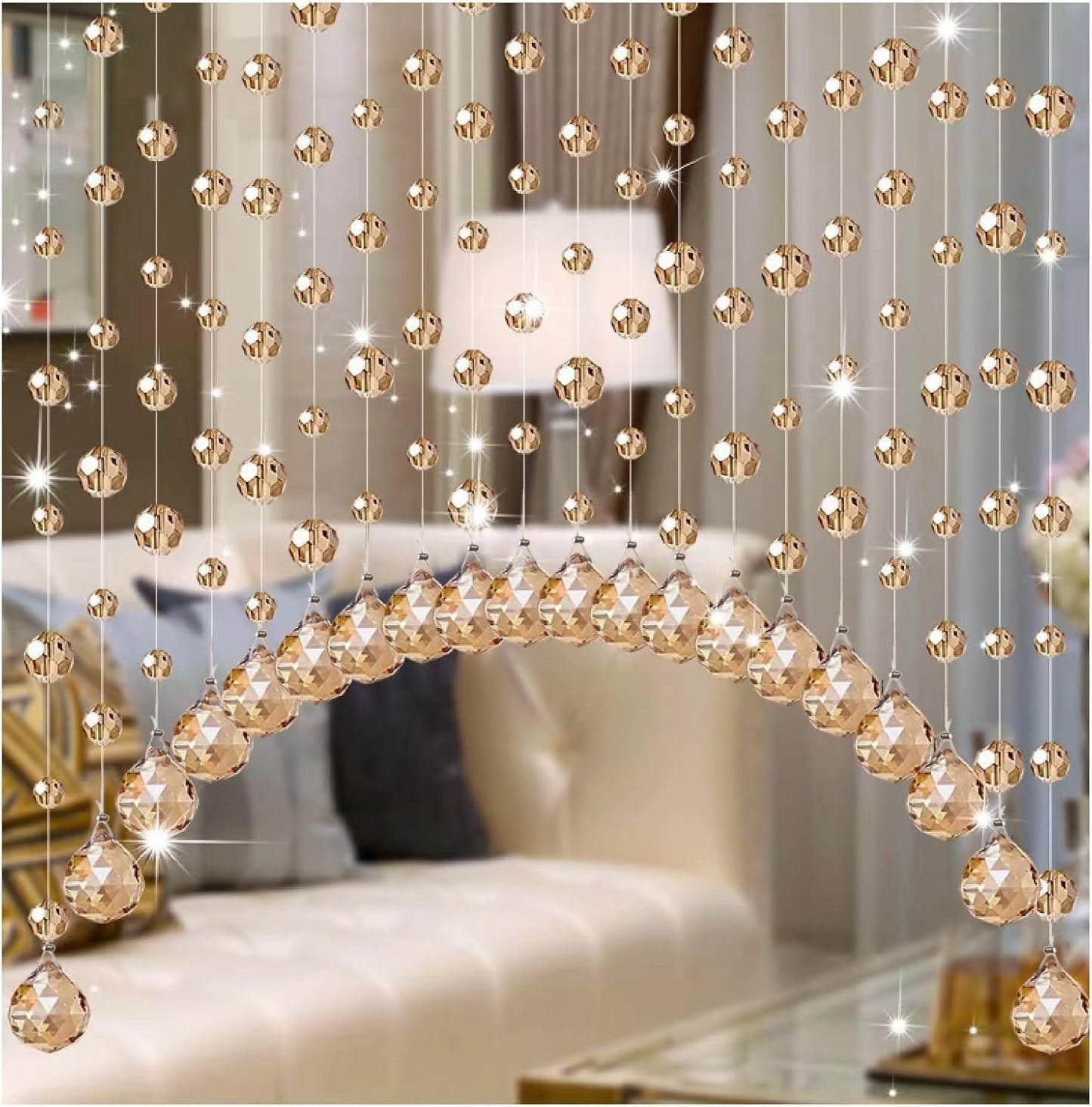 Hanbinsen 20 Strings Crystal Beaded Curtain, Arched Door String Curtain, Hanging Doorway Room Divider Suitable for Home, Coffee House, Bedroom, Restaurant. (Chamgagne)