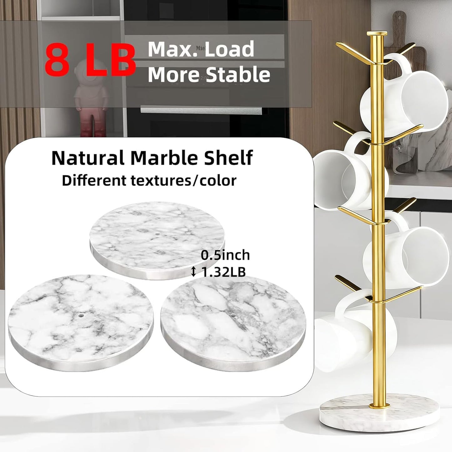 Gypie Gold Mug Holder Tree with Marble Base, 8 Hooks Coffee Cups Holder Stand, New Upgrad Stable Removable Mug Rack for Kitchen Cafe