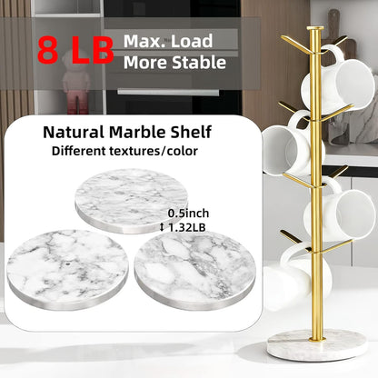 Gypie Gold Mug Holder Tree with Marble Base, 8 Hooks Coffee Cups Holder Stand, New Upgrad Stable Removable Mug Rack for Kitchen Cafe