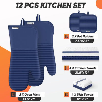 Oven Mitts Kitchen Towels and Dishcloths with Pot Holders Sets, Oven Gloves Hot Pads 500°F Heat Resistant with Silicone Grip, Include 2 Cooking Gloves/2 Potholders/4 Kitchen Towels/4 Dish Towels