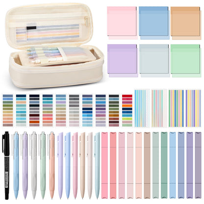 Trandraft 135 Pcs Book Annotation Kit with Pencil Case, 12 Pastel Highlighters, 11 Gel Pens, Fine Marker, 300 Transparent Sticky Notes, 2640 Index Tabs, Bible Study Supplies Kit(Classic,Beige)