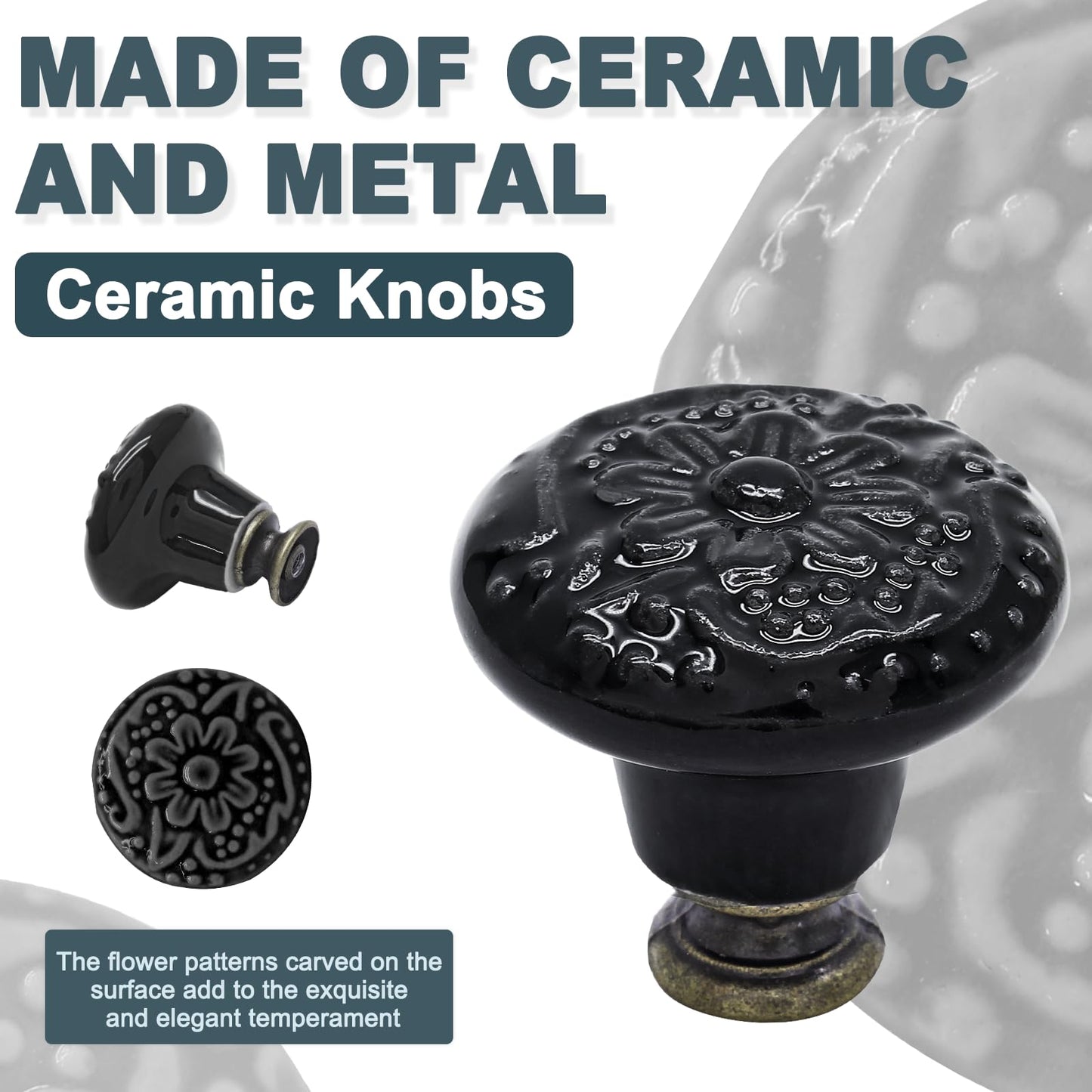 Biaungdo 12 Pcs Black Ceramic Vintage Round Drawer Knobs - Retro Ceramic Dresser Knobs and Pulls for Cabinet, Drawer, Cupboard