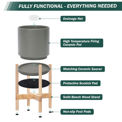 D'vine Dev Ceramic Planter with Natural Stand - 10 Inch Modern Round Flower Pot with Wood Planter Holder, Grey, 55-B-K-3