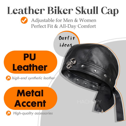 Hachapy Leather Biker Cap for Women - Adjustable Skull Motorcycle Hat with Snug Fit, Stylish Biker Head Wrap & Riding Cap for Badass Look