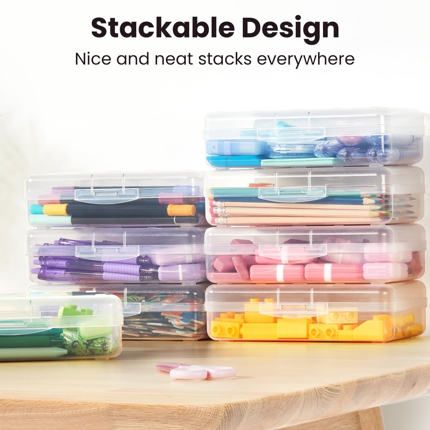 Sooez Clear Pencil Case 6 Pack – Plastic Pencil Box & Crayon Box Bulk, Large Storage Containers with Snap Lids | Stackable Marker Craft & Art Supply Storage Organizer, Pen Case for School Supplis,Blue