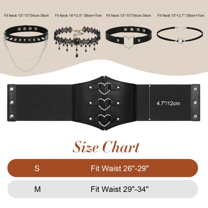 JKEEMI Women Corset Belt With Black Choker Necklace Set, Heart-Ring Wide Elastic Waist Belt Adjustable Gothic Velvet Collar Choker Party Gifts