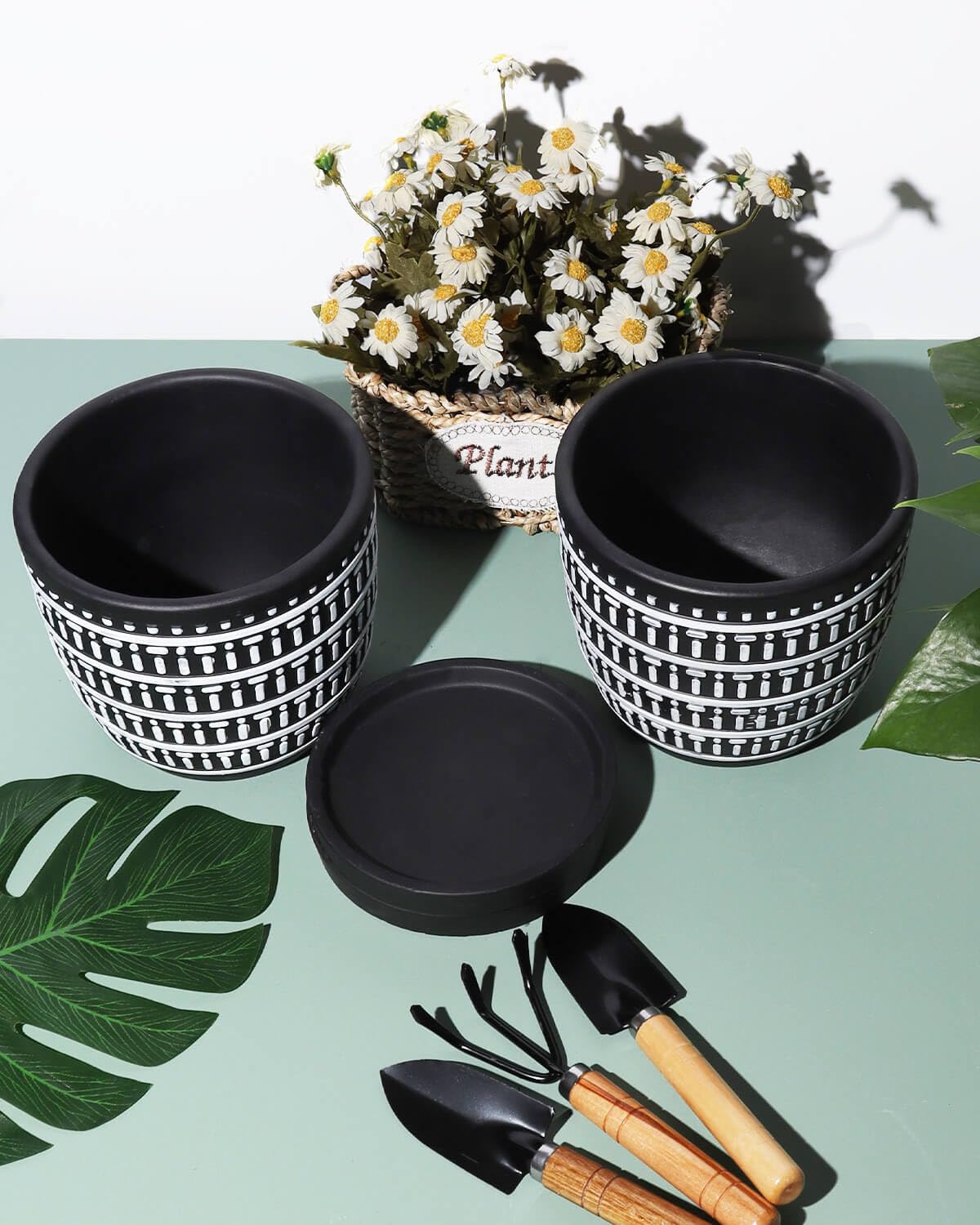 vensovo 5.8 Inch Boho Plant Pots Indoor - Artisanal Succulent Pots with Drainage Holes and Saucer, Cement Pots for Indoor Plants, Flower Pot with Rubber Pot Feet, Set of 2, White Lines and Black