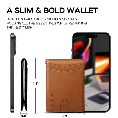 RUNBOX Slim Money Clip Wallets for Men RFID Blocking 8 Card Holder Minimalist Small Thin Carbon Leather Bifold Mens Front Pocket Wallet Gift Box(Desert Brown)