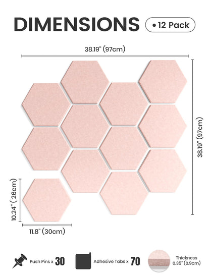 Fluxynara Hexagon Cork Board Alternative for Walls Decor-12-Pack Felt Bulletin Board Tiles,with 30 Pushpins,70 Adhesive Tabs for Office,Classrooms & Home Pin Board Felt Board-Pink