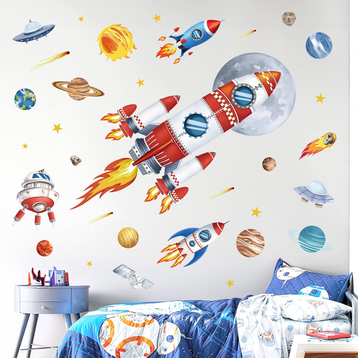decalmile Outer Space Rockets Wall Decals Planets Stars Solar System Wall Stickers Baby Nursery Boys Bedroom Playroom Wall Decor