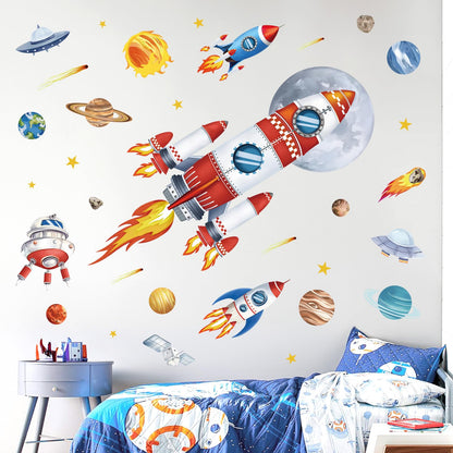 decalmile Outer Space Rockets Wall Decals Planets Stars Solar System Wall Stickers Baby Nursery Boys Bedroom Playroom Wall Decor