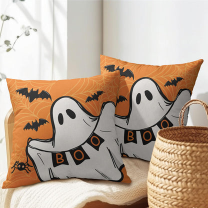 Halloween Ghost Boo Orange Throw Pillow Covers 18X18 Inches Set of 2 Spooky Bat Spider Web Pillowcase Soft Cotton Linen Square Cushion Covers for Home Sofa Bedroom