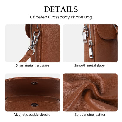 befen Genuine Leather Crossbody Bags for Women, Small Leather Shoulder Purse for Women with RFID Blocking Card Slots, Trendy Brown Cell Phone Wallet Purses for Travel and Daily Use, Cognac Brown