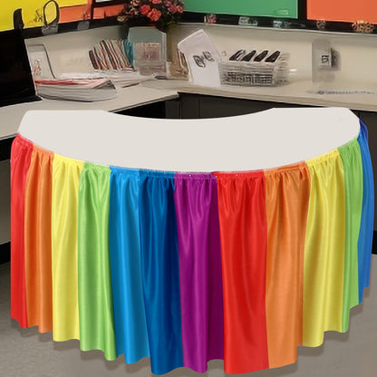 Oudain 14 ft Rainbow Table Skirt Cloths for Teacher Desk Boho Colorful Wrinkle Rainbow Table Cover Skirt for Kindergarten Classroom Kidney Shaped Desk Back to School Supplies