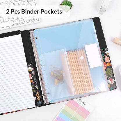 SKYDUE 1 Inch 3-Ring Binder with Clipboard, PU Binder with 5 Dividers, Notepad, Stickers & Pockets for Work and School - Aesthetic Binder (Letter Size)
