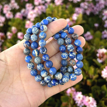 Adabele Real Natural Blue Impression Aqua Terra Sea Sediment Jasper Gemstone Beaded Bracelet 7 inch Stretch Chakra Healing Crystal Stone Jewelry Women Mom Gift GB8-B3