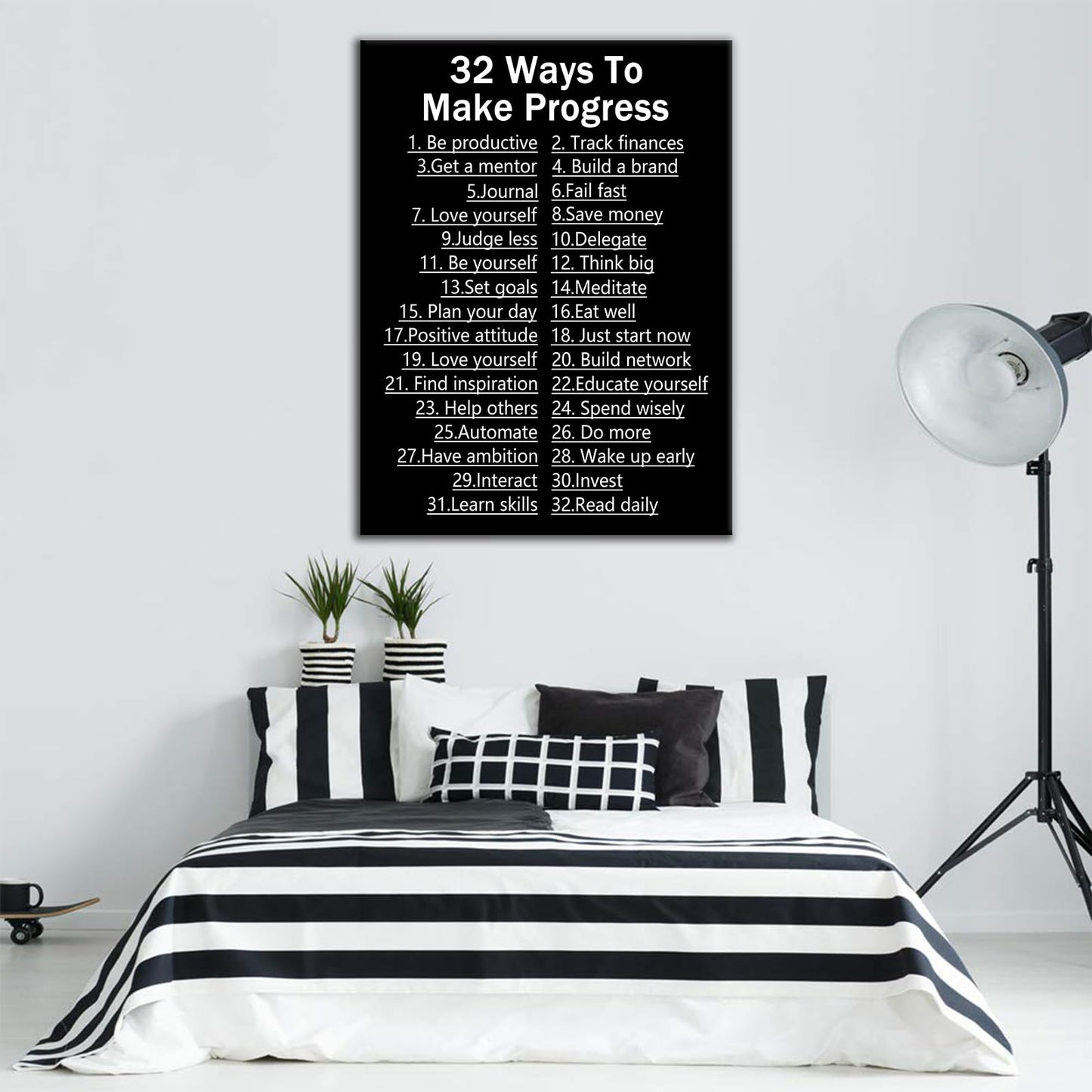 DINGFUN Inspirational Posters for Office 32 Ways to Make Progress Canvas Wall Art, Black White List Quote Single Panel Wall Decor for Home Office Dorm Classroom 24x18 Inch
