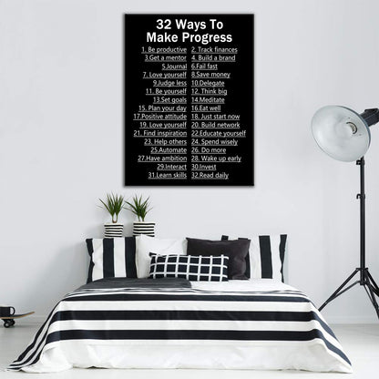 DINGFUN Inspirational Posters for Office 32 Ways to Make Progress Canvas Wall Art, Black White List Quote Single Panel Wall Decor for Home Office Dorm Classroom 24x18 Inch