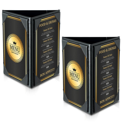 FLKQC Table Tent Triangle Menu Holders 4" x 6", 2 Pack 3-Side Leatherette Picture Frames, Menu Cover with Angled Corners for Restaurant, Bar, Cafe, Wedding, Durable Menu Folders