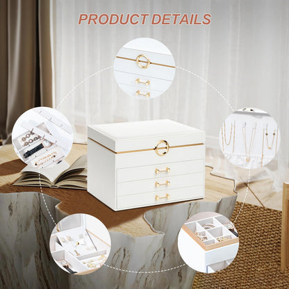 V-LAFUYLIFE Jewelry Box for Women,4-Layer Leather Jewelry Holder Organizer with 3 Drawers Large Jewelry Storage Boxes, Lots of Storage Space For Ring,Necklace,Bracelets,Earring（White）