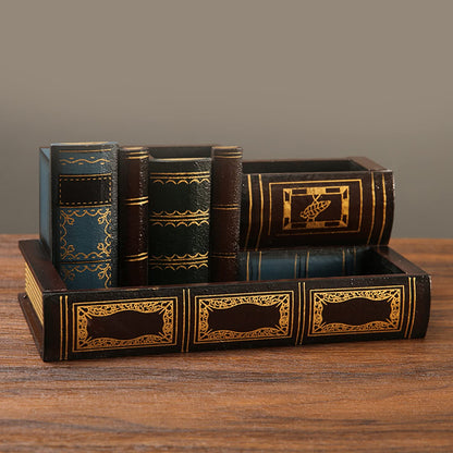 Tosnail Decorative Pen Holder with Storage Compartment, Wooden Pencil Holder and Organizer, Antique Library Books Design Pen Cup Caddy for Office Supplies, Countertop, Desk, Table