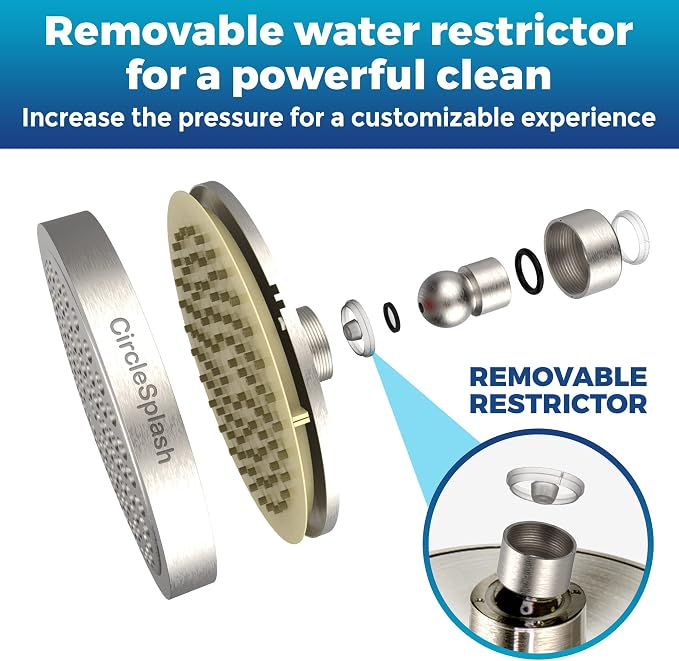 High Pressure Shower Head - Anti-Clogging Silicone Nozzles 2.5 GPM Removable Restrictor - Easy to Clean and Install - Includes Plumbers Tape - 6 inch - (Brushed Nickel 2.5GPM)
