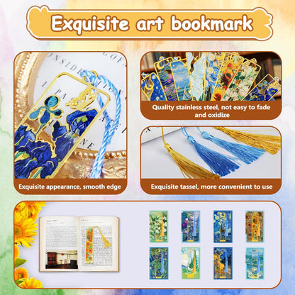 KInsound 8pcs Metal Bookmarks with Tassel, Golden Van Gogh Monet Oil Painting Theme Cute Book Markers for Reading Women, Men, Kids, Book Lovers, Reading Accessories Gifts for Book Lovers