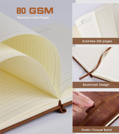 Biuwory B5 Leather Journal Notebook, 256 Lined Pages, Hardcover 7.8"×10.2"