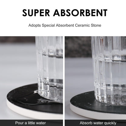Drink Coasters Set of 6 with Holder, Absorbent Ceramic Coasters with Cork Base for Coffee Table, Rustic Marble Coasters Home Decor Housewarming Gift (Round-Black, 6)