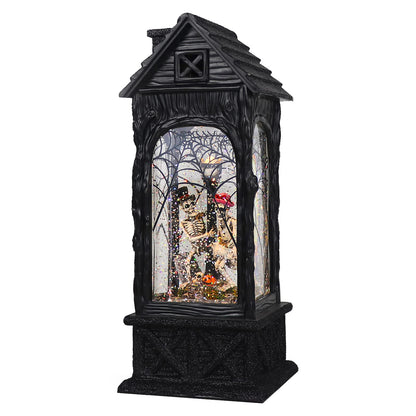 Eldnacele Halloween Ghost Projection Snow Globe Lantern with 6-Hour Timer, Lighted Plug-in & Battery Operated Water Glittering Snowing Globe Lamp for Spooky Fall Halloween Indoor Decoration(Skeleton)
