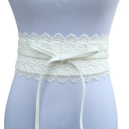 QIANXISUN Women's 2 Packs Lace Waist Belt Bow Tie Wrap Around Soft Leather Boho Corset Fashion Elegant for Dresses (White)