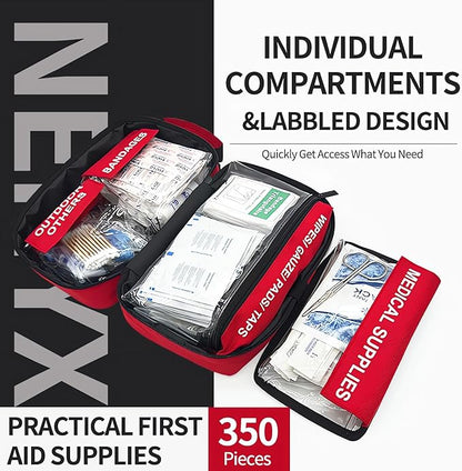 NENYX 350 Piece First Aid Kit for Car, Home, Travel, Camping, Truck, Hiking, Sports, Office, Vehicle & Premium Waterproof Compact Trauma Medical Kits (Red)