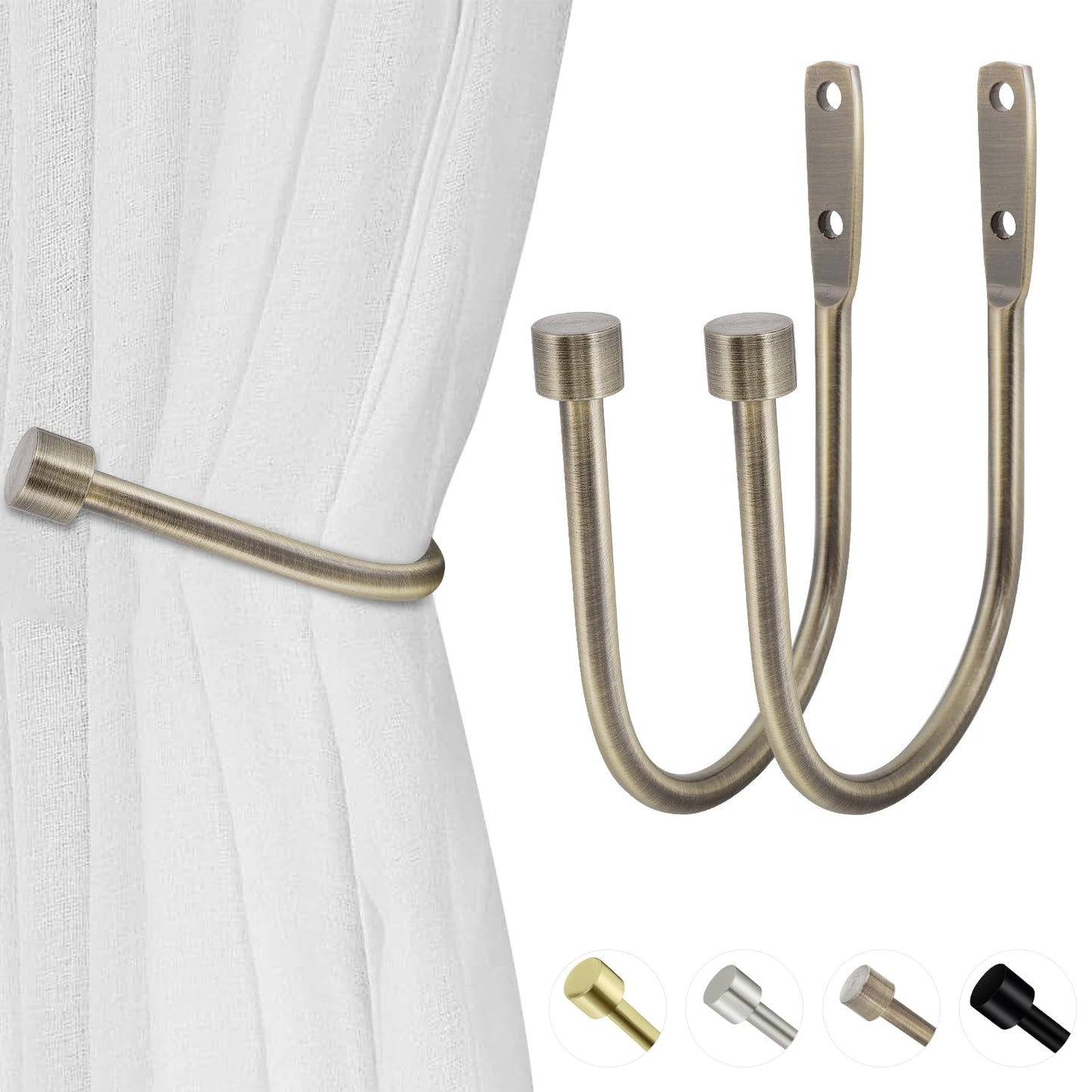 HIKMLK Curtain Holdbacks 2pcs, 100% Cast Iron Solid Heavy Duty Metal Curtain Tieback Hook Side Holders for Wall, Curtain Pull Backs for Drapes Window Home Decoration（Antique Brass ）
