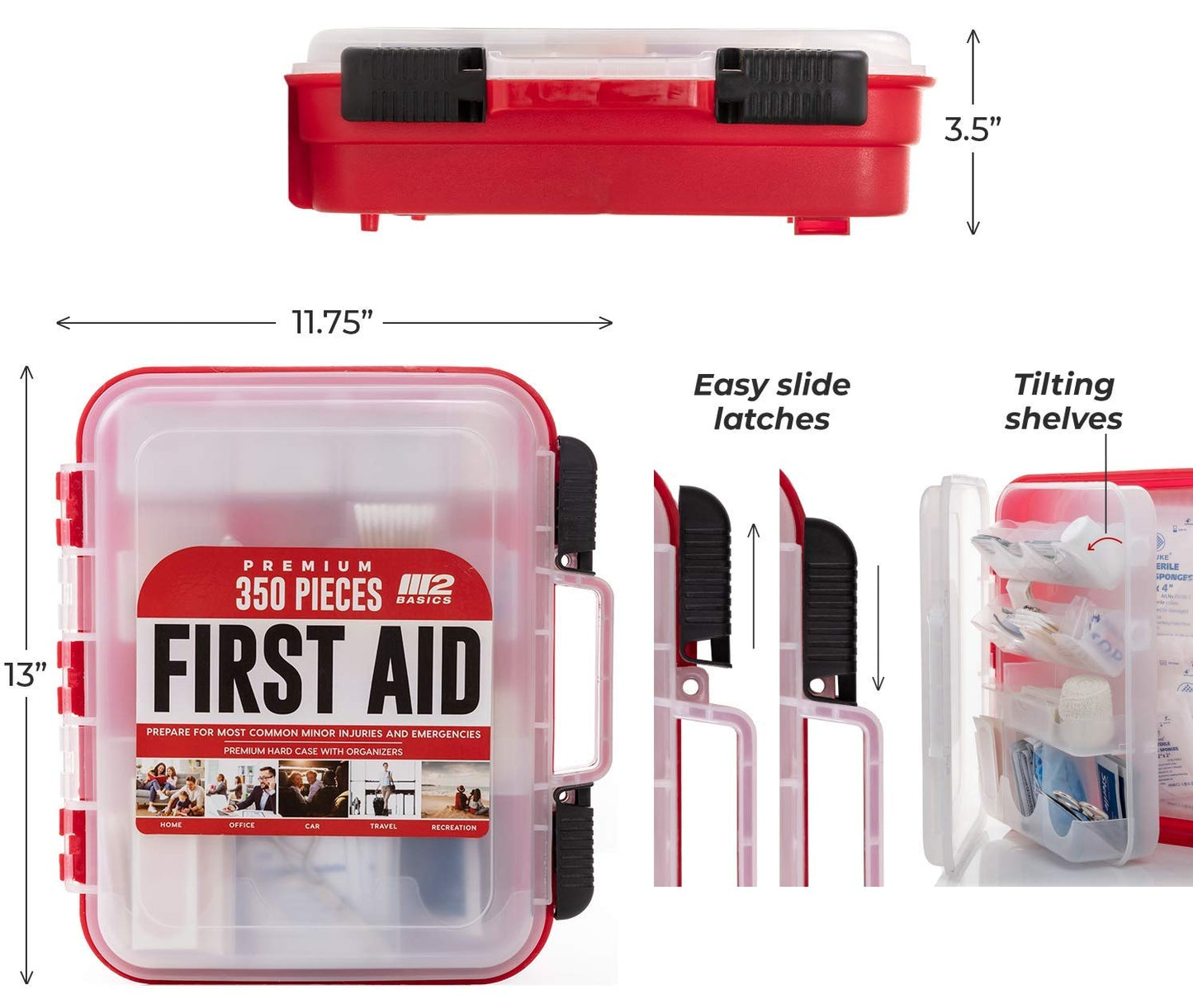 M2 BASICS Professional 350 Piece First Aid Kit | Business, Home, Car | Hard Case, Dual Layer, Wall Mountable | Emergency Kit, Emergency Medical Kit