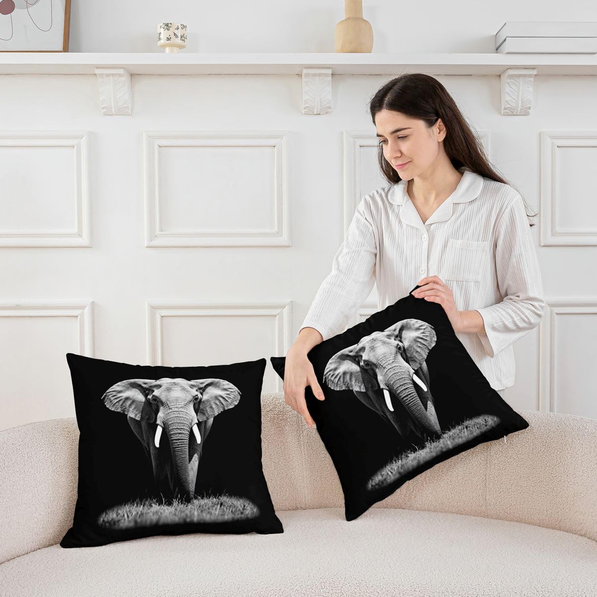 Feelyou Set of 2 Elephant Throw Pillow Covers, 3D Wild Animal Pattern Cushion Case for Home Living Room Decor, Reversible Exotic Style Theme Decorative Throw Cushion Case, 18x18 Inches