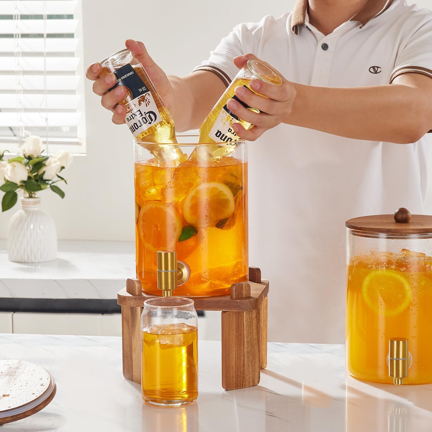 1 Gallon Glass Drink Dispensers: Beverage Dispenser For Parties With Wood Stand, Large Water Drink Dispensers With Stainless Steel Spigot, Ideal for Lemonade,Juice, Tea, and Party Drinks