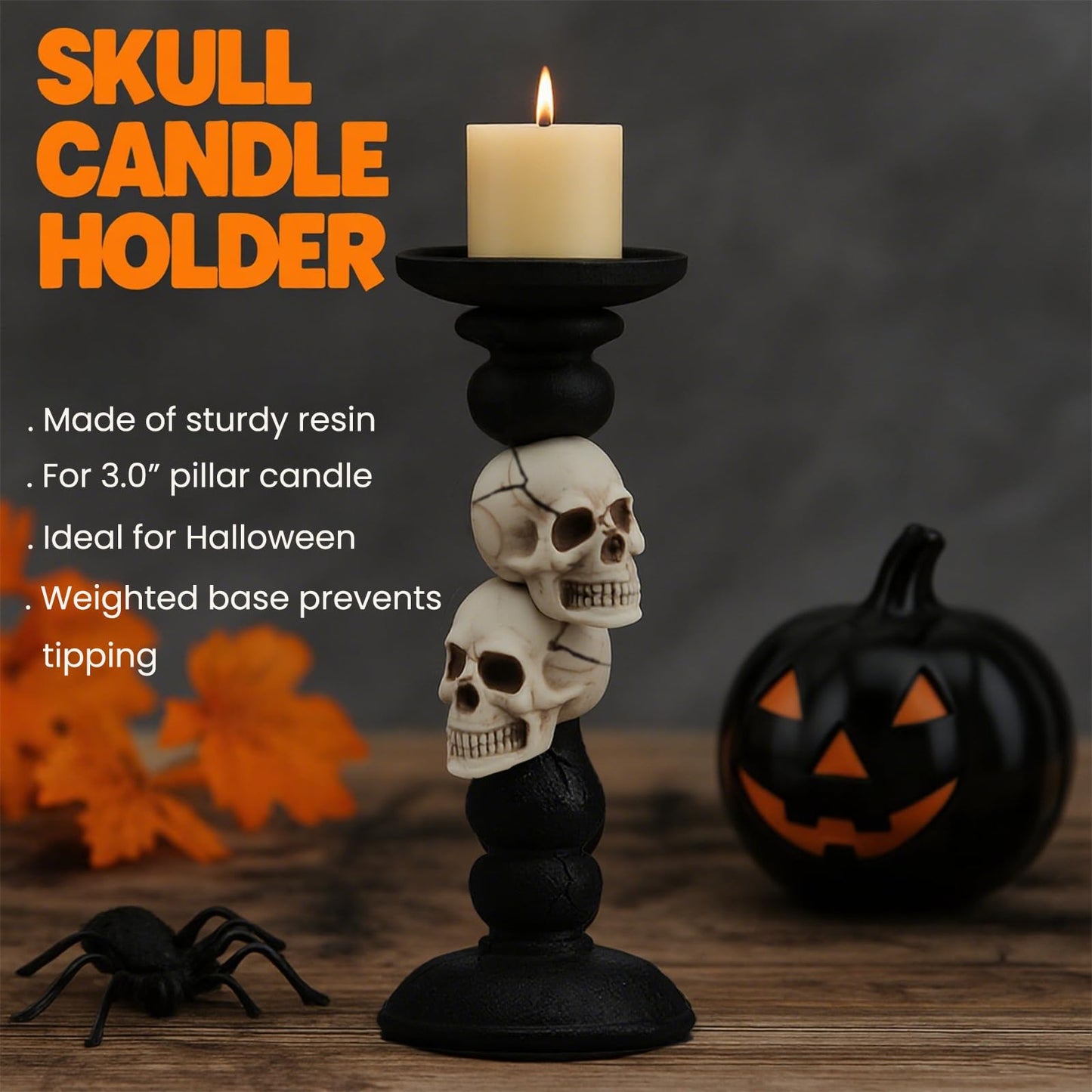 OYATON Pillar Candle Holder for Halloween Decoration Indoor, Skull Candlestick Holder for 3 Inches Pillar Candle