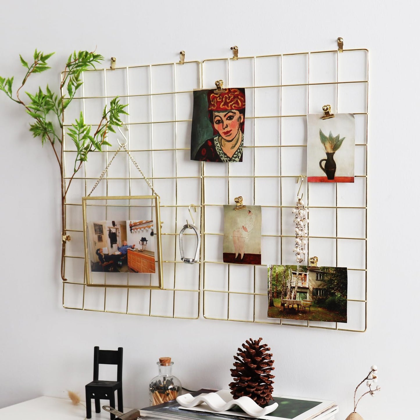 PEAUARL Metal Mesh Wall Grid Panel for Photo Display,Message Board,Size: 17.5" x 11.8",Pack of 2 (Gold)