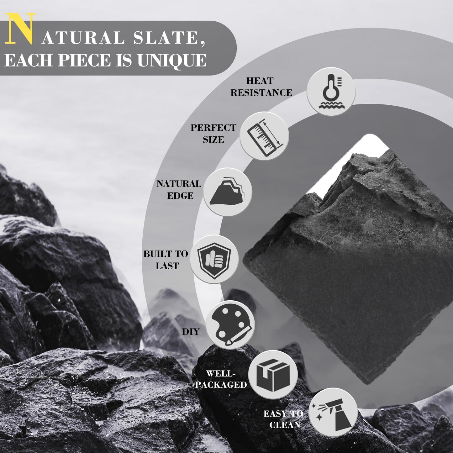 Slate Drink Coasters with Metal Holder, GOH DODD Set of 8 Black Coasters, 4 Inch Stone Coaster Set Tabletop Protection for Home Outdoor Kitchen Apartment Decor Housewarming Gifts Wedding Party, Square