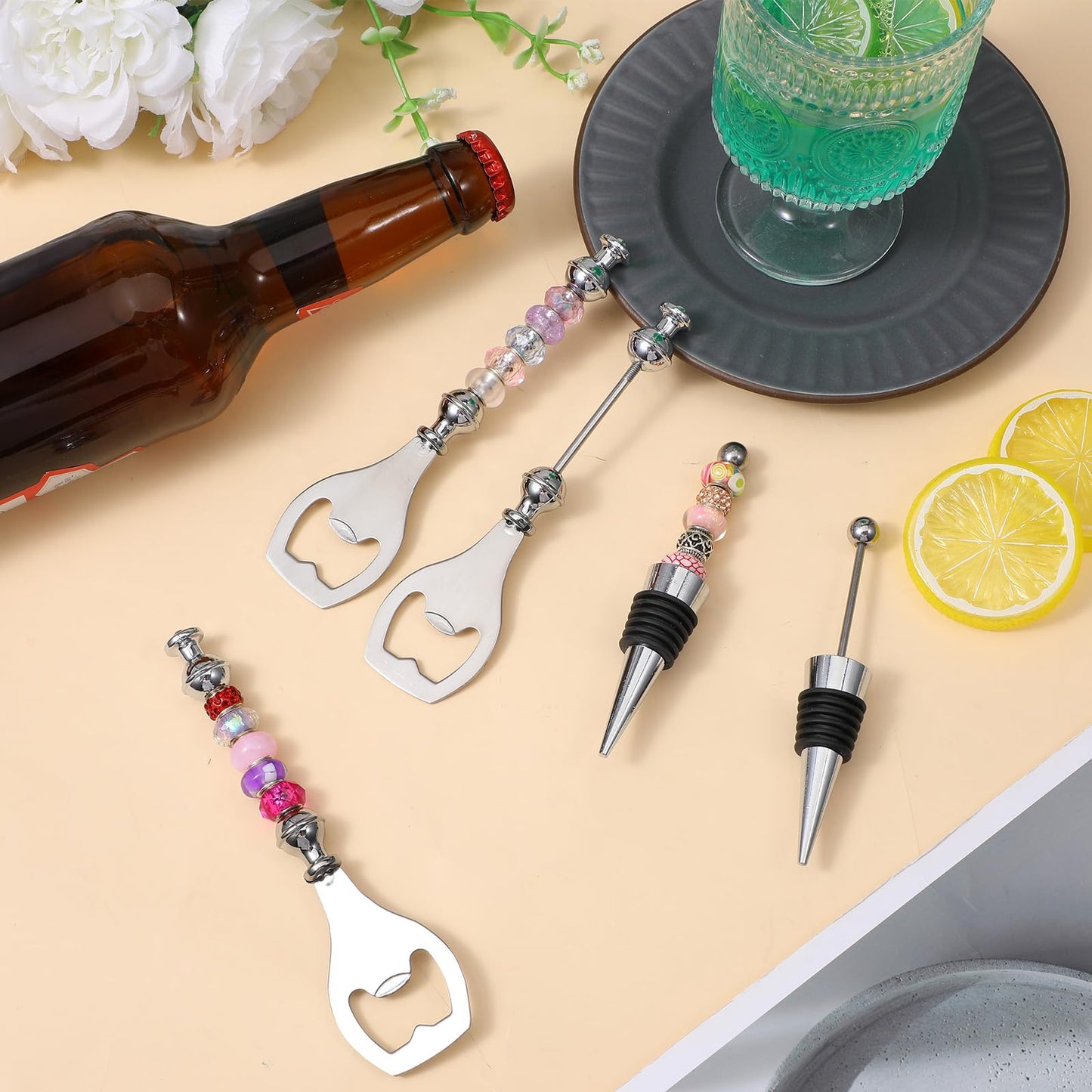 Afcabakila 20 Pcs Beadable Wine Stoppers and Beer Openers Bulk, Reusable Alloy Decorative Bottle Stopper, DIY Craft Beer Opener Set for Spring, Summer, Fall, Halloween, Christmas, Party Favor Gifts