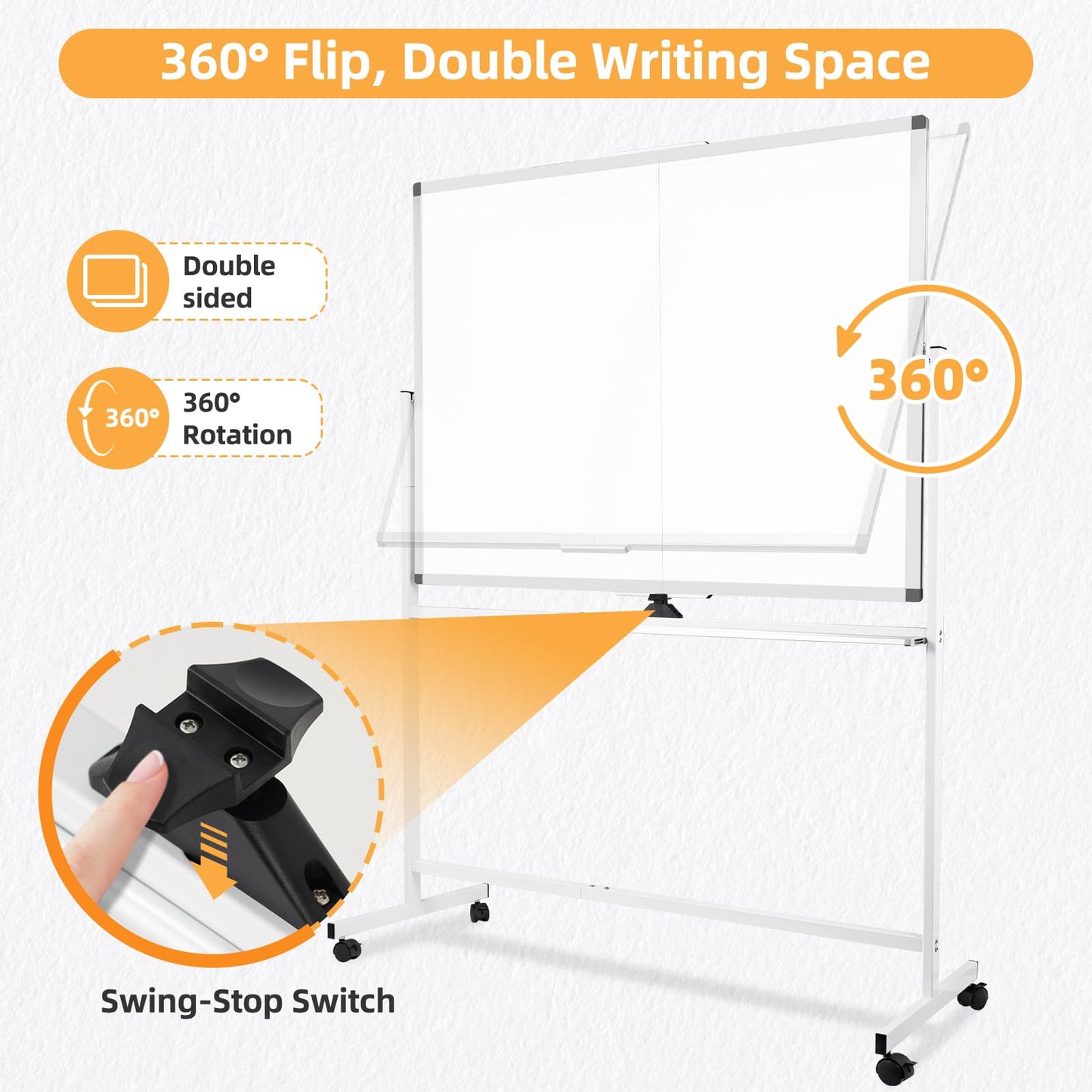 WALGLASS Rolling Dry Erase Whiteboard, 48"x36" Double-Sided White Board on Wheels, Large Portable White Board with Stand, Mobile Standing Whiteboards for Office, Home, School, Classroom 4x3 ft
