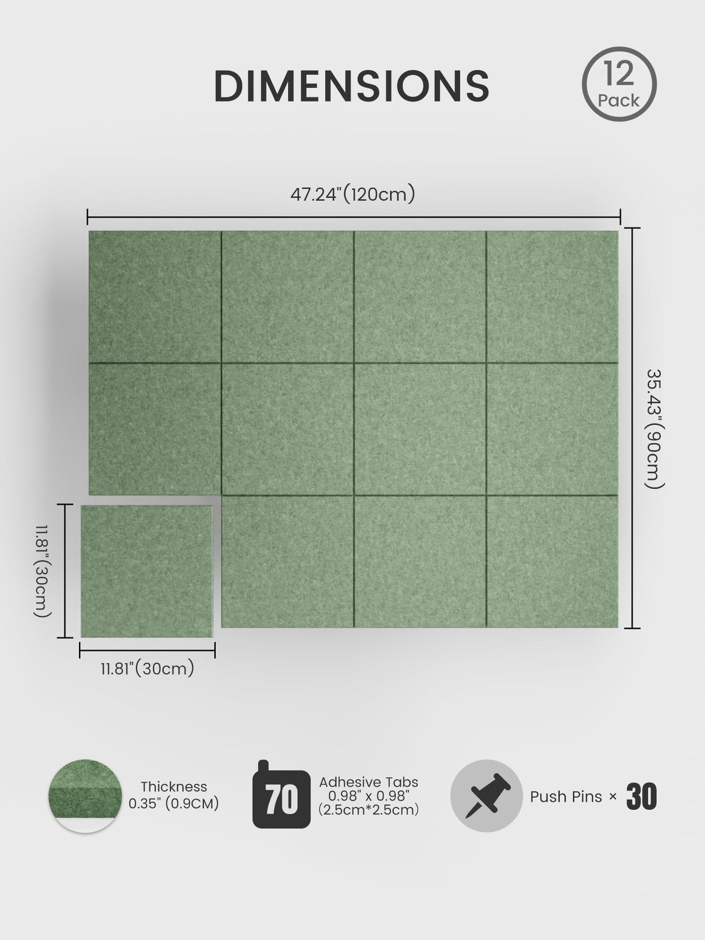 Bumusty Large Cork Board 48" x 36" Alternative - 12 Pack Felt Wall Tiles with 70 Safe Removable Adhesive Tabs, 30 Pushpins, Cork Boards for Walls Pin Board Bulletin Board Office Decor (Moss Green)