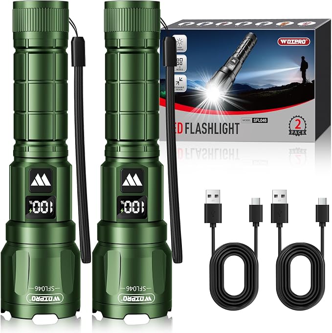 WdtPro LED Rechargeable Flashlight 2 Pack, 3 Modes Super Bright High Lumens Flashlights, Zoomable Tactical Flash Light with LCD Display, IP65 Waterproof Flashlights for Home Emergency Camping - Green