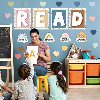 32Pcs Boho Classroom Decor Boho Reading Posters with READ Sign Rainbow Love Heart Bulletin Board Decorations Reading Corner Decor for Classroom Wall Door Kindergarten Elementary and Middle School