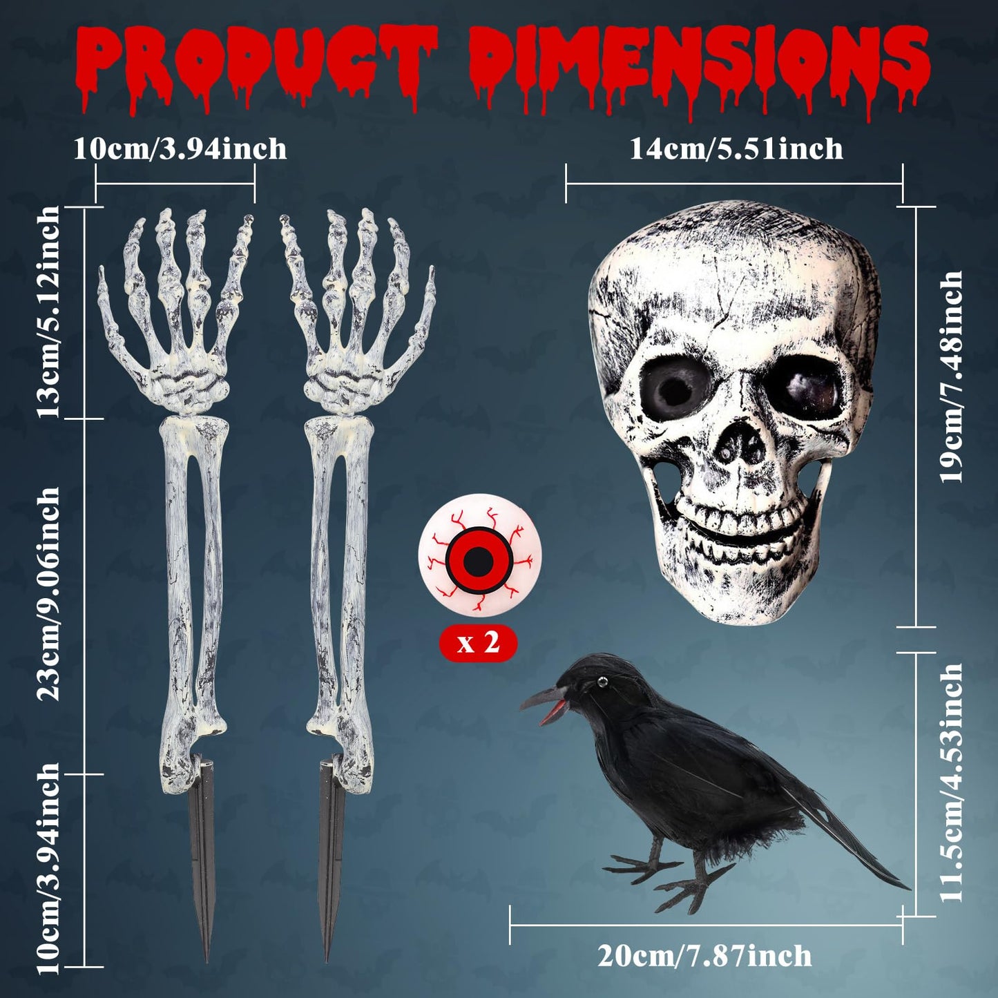 Skeletons Halloween Decorations Outdoor, Realistic Skeleton Hands and Head with Crow and Red Eyes for Graveyard Yard Lawn Garden Decoration