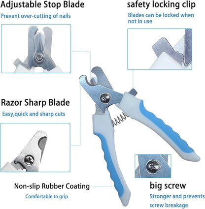 5Pcs Dogs and Cats Grooming Nail Clippers Kit Pet Claws Nail Clipper Trimmers, with Protective Guard Lock to Avoid Over Cutting, Professional Trimmers for Large and Small Cat and Dog (Blue)